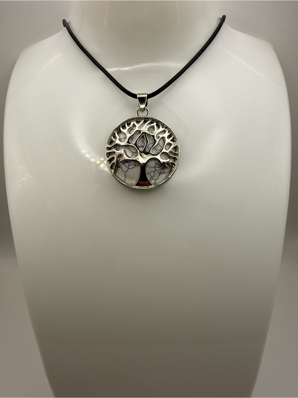 Tree of Life Pendant with Silver-Toned Alloy Bezel and White Stone Black Cord